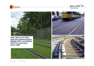 Riyadh / KSA | May 6th, 2014 49
Over 180 km of track
with the systemvariants
RHEDA CITY und RHEDA
CITY-G in Germany
since 1998
 