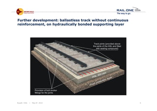 Riyadh / KSA | May 6th, 2014 9
Further development: ballastless track without continuous
reinforcement, on hydraulically bonded supporting layer
 
