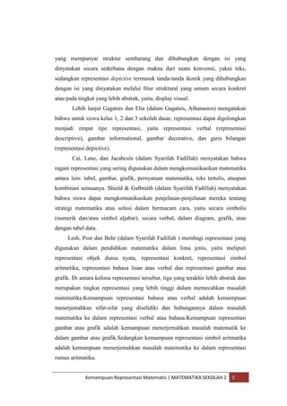 Kemempuan Representasi Matematis | MATEMATIKA SEKOLAH 2 5
yang mempunyai struktur sembarang dan dihubungkan dengan isi yang
dinyatakan secara sederhana dengan makna dari suatu konvensi, yakni teks,
sedangkan representasi depictive termasuk tanda-tanda ikonik yang dihubungkan
dengan isi yang dinyatakan melalui fitur struktural yang umum secara konkret
atau pada tingkat yang lebih abstrak, yaitu, display visual.
Lebih lanjut Gagatsis dan Elia (dalam Gagatsis, Athanasios) mengatakan
bahwa untuk siswa kelas 1, 2 dan 3 sekolah dasar, representasi dapat digolongkan
menjadi empat tipe representasi, yaitu representasi verbal (representasi
descriptive), gambar informational, gambar decorative, dan garis bilangan
(representasi depictive).
Cai, Lane, dan Jacabcsin (dalam Syarifah Fadillah) menyatakan bahwa
ragam representasi yang sering digunakan dalam mengkomunikasikan matematika
antara lain: tabel, gambar, grafik, pernyataan matematika, teks tertulis, ataupun
kombinasi semuanya. Shield & Galbraith (dalam Syarifah Fadillah) menyatakan
bahwa siswa dapat mengkomunikasikan penjelasan-penjelasan mereka tentang
strategi matematika atau solusi dalam bermacam cara, yaitu secara simbolis
(numerik dan/atau simbol aljabar), secara verbal, dalam diagram, grafik, atau
dengan tabel data.
Lesh, Post dan Behr (dalam Syarifah Fadillah ) membagi representasi yang
digunakan dalam pendidikan matematika dalam lima jenis, yaitu meliputi
representasi objek dunia nyata, representasi konkret, representasi simbol
aritmetika, representasi bahasa lisan atau verbal dan representasi gambar atau
grafik. Di antara kelima representasi tersebut, tiga yang terakhir lebih abstrak dan
merupakan tingkat representasi yang lebih tinggi dalam memecahkan masalah
matematika.Kemampuan representasi bahasa atau verbal adalah kemampuan
menerjemahkan sifat-sifat yang diselidiki dan hubungannya dalam masalah
matematika ke dalam representasi verbal atau bahasa.Kemampuan representasi
gambar atau grafik adalah kemampuan menerjemahkan masalah matematik ke
dalam gambar atau grafik.Sedangkan kemampuan representasi simbol aritmatika
adalah kemampuan menerjemahkan masalah matematika ke dalam representasi
rumus aritmatika.
 