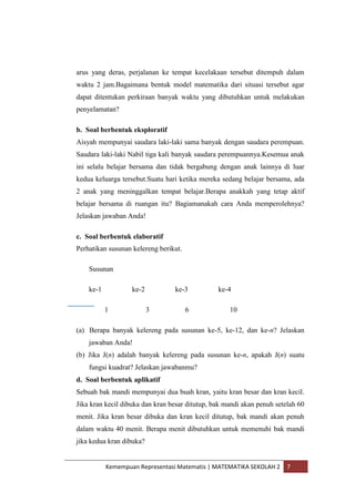 Kemempuan Representasi Matematis | MATEMATIKA SEKOLAH 2 7
arus yang deras, perjalanan ke tempat kecelakaan tersebut ditempuh dalam
waktu 2 jam.Bagaimana bentuk model matematika dari situasi tersebut agar
dapat ditentukan perkiraan banyak waktu yang dibutuhkan untuk melakukan
penyelamatan?
b. Soal berbentuk eksploratif
Aisyah mempunyai saudara laki-laki sama banyak dengan saudara perempuan.
Saudara laki-laki Nabil tiga kali banyak saudara perempuannya.Kesemua anak
ini selalu belajar bersama dan tidak bergabung dengan anak lainnya di luar
kedua keluarga tersebut.Suatu hari ketika mereka sedang belajar bersama, ada
2 anak yang meninggalkan tempat belajar.Berapa anakkah yang tetap aktif
belajar bersama di ruangan itu? Bagiamanakah cara Anda memperolehnya?
Jelaskan jawaban Anda!
c. Soal berbentuk elaboratif
Perhatikan susunan kelereng berikut.
Susunan
ke-1 ke-2 ke-3 ke-4
1 3 6 10
(a) Berapa banyak kelereng pada susunan ke-5, ke-12, dan ke-n? Jelaskan
jawaban Anda!
(b) Jika J(n) adalah banyak kelereng pada susunan ke-n, apakah J(n) suatu
fungsi kuadrat? Jelaskan jawabanmu?
d. Soal berbentuk aplikatif
Sebuah bak mandi mempunyai dua buah kran, yaitu kran besar dan kran kecil.
Jika kran kecil dibuka dan kran besar ditutup, bak mandi akan penuh setelah 60
menit. Jika kran besar dibuka dan kran kecil ditutup, bak mandi akan penuh
dalam waktu 40 menit. Berapa menit dibutuhkan untuk memenuhi bak mandi
jika kedua kran dibuka?
 