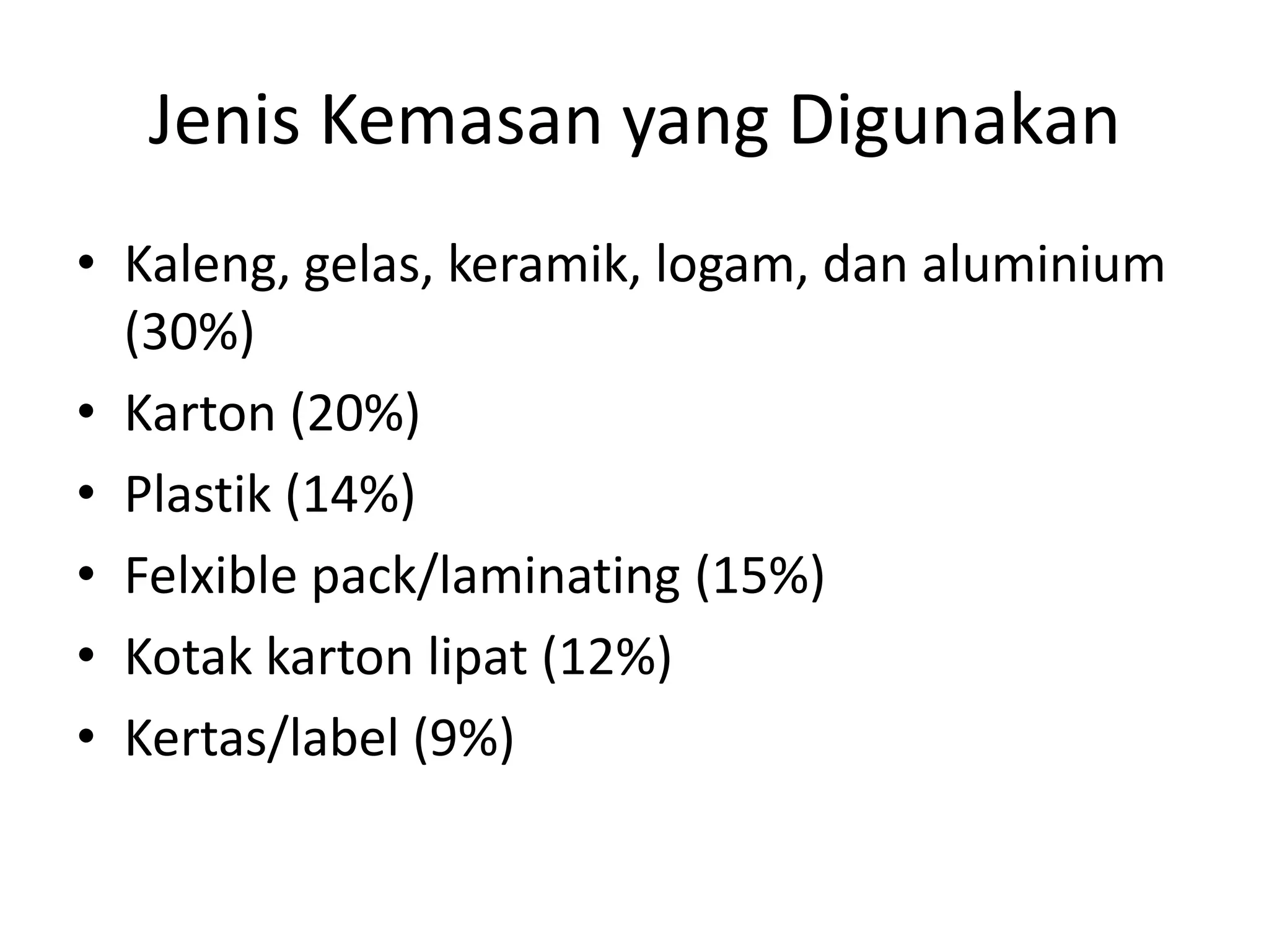 Jenis Kemasan yang Digunakan
• Kaleng, gelas, keramik, logam, dan aluminium
(30%)
• Karton (20%)
• Plastik (14%)
• Felxible pack/laminating (15%)
• Kotak karton lipat (12%)
• Kertas/label (9%)

 