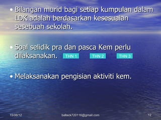 • Bilangan murid bagi setiap kumpulan dalam
  LDK adalah berdasarkan kesesuaian
  sesebuah sekolah.

• Soal selidik pra dan pasca Kem perlu
  dilaksanakan. THN 1      THN 2  THN 3




• Melaksanakan pengisian aktiviti kem.




15/06/12        ballack720116@gmail.com   12
 