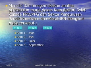 • Meneliti dan mengemukakan analisa
   pencapaian murid dalam Kem Bestari Solat
   kepada PPD/PPG dan Sektor Pengurusan
   Pendidikan Islam dan Moral JPN mengikut
   masa tersebut :
           THN 1    THN 2         THN 3

           • Kem 1 – Mac
           • Kem 2 – Mei
           • Kem 3 – Julai
           • Kem 4 – September




15/06/12                ballack720116@gmail.com   19
 