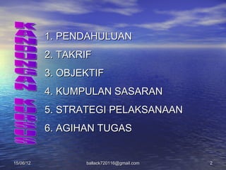 1. PENDAHULUAN
           2. TAKRIF
           3. OBJEKTIF
           4. KUMPULAN SASARAN
           5. STRATEGI PELAKSANAAN
           6. AGIHAN TUGAS


15/06/12          ballack720116@gmail.com   2
 