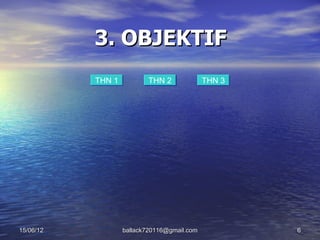 3. OBJEKTIF
           THN 1          THN 2              THN 3




15/06/12           ballack720116@gmail.com           6
 
