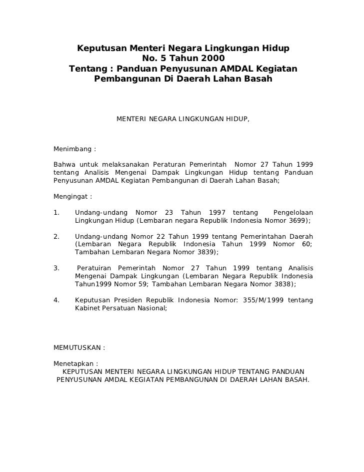 Kepmeneg Lingkungan Hidup No 5 Tahun 2000 Tentang Panduan Penyusunan