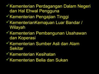 06/21/14 munni/2006
Kementerian Perdagangan Dalam Negeri
dan Hal Ehwal Pengguna
Kementerian Pengajian Tinggi
KementerianKemajuan Luar Bandar /
Wilayah
Kementerian Pembangunan Usahawan
dan Koperasi
Kementerian Sumber Asli dan Alam
Sekitar
Kementerian Kesihatan
Kementerian Belia dan Sukan
 