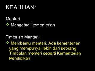 06/21/14 munni/2006
KEAHLIAN:
Menteri
 Mengetuai kementerian
Timbalan Menteri :
 Membantu menteri. Ada kementerian
yang mempunyai lebih dari seorang
Timbalan menteri seperti Kementerian
Pendidikan
 