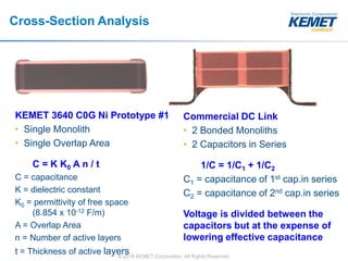 © 2016 KEMET Corporation. All Rights Reserved
Cross-Section Analysis
KEMET 3640 C0G Ni Prototype #1
• Single Monolith
• Single Overlap Area
C = K K0 A n / t
C = capacitance
K = dielectric constant
K0 = permittivity of free space
(8.854 x 10-12 F/m)
A = Overlap Area
n = Number of active layers
t = Thickness of active layers
Commercial DC Link
• 2 Bonded Monoliths
• 2 Capacitors in Series
1/C = 1/C1 + 1/C2
C1 = capacitance of 1st cap.in series
C2 = capacitance of 2nd cap.in series
Voltage is divided between the
capacitors but at the expense of
lowering effective capacitance
 