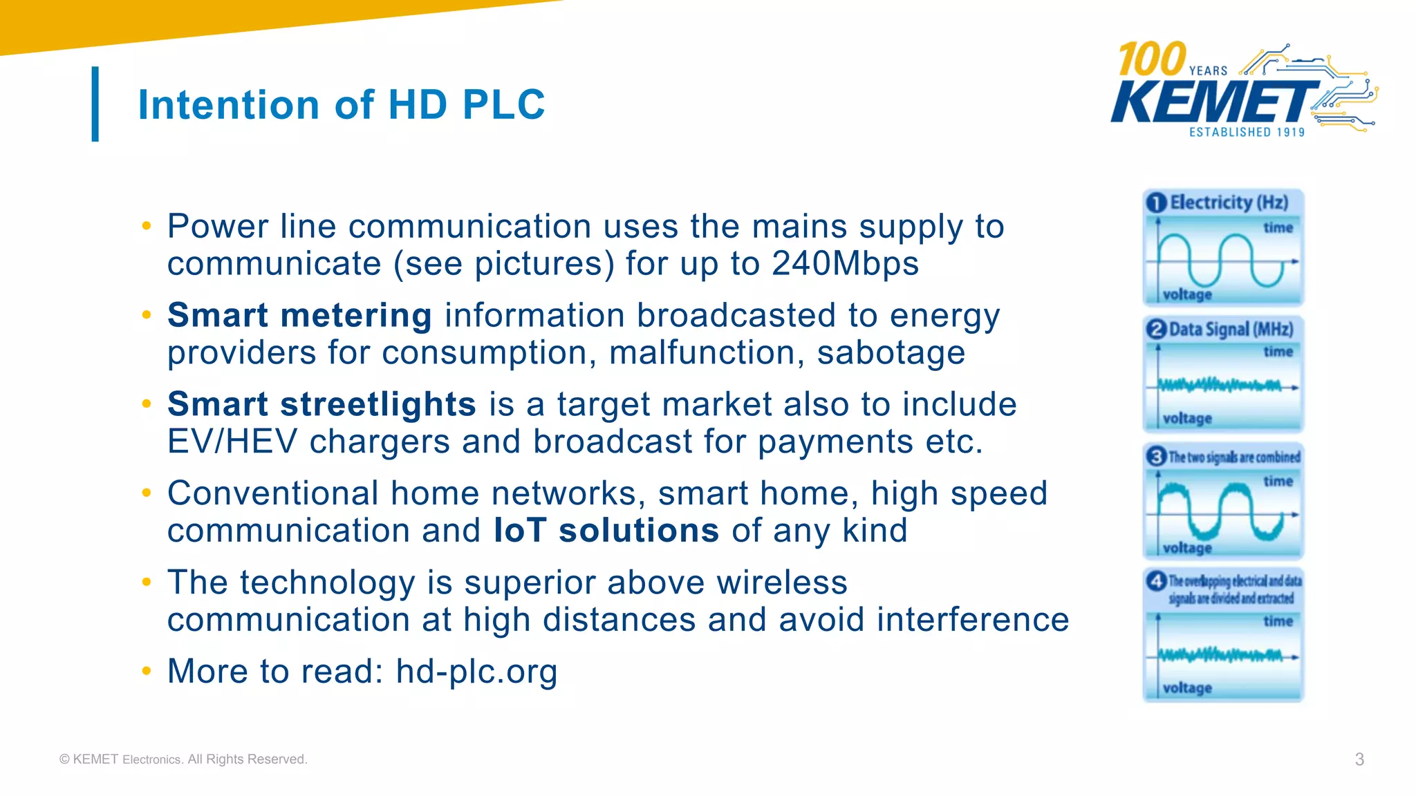 © KEMET Electronics. All Rights Reserved. 3
Intention of HD PLC
• Power line communication uses the mains supply to
communicate (see pictures) for up to 240Mbps
• Smart metering information broadcasted to energy
providers for consumption, malfunction, sabotage
• Smart streetlights is a target market also to include
EV/HEV chargers and broadcast for payments etc.
• Conventional home networks, smart home, high speed
communication and IoT solutions of any kind
• The technology is superior above wireless
communication at high distances and avoid interference
• More to read: hd-plc.org
 