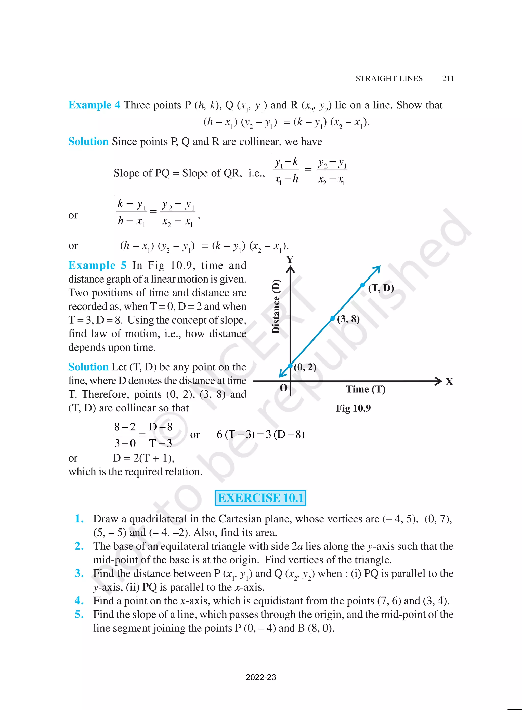 STRAIGHT LINES 211
Example 4 Three points P (h, k), Q (x1
, y1
) and R (x2
, y2
) lie on a line. Show that
(h – x1
) (y2
– y1
) = (k – y1
) (x2
– x1
).
Solution Since points P, Q and R are collinear, we have
Slope of PQ = Slope of QR, i.e.,
1 2 1
1 2 1
k
y y y
x h x x
− −
=
− −
or
1 2 1
1 2 1
k y y y
h x x x
− −
=
− − ,
or (h – x1
) (y2
– y1
) = (k – y1
) (x2
– x1
).
Example 5 In Fig 10.9, time and
distance graph of a linear motion is given.
Two positions of time and distance are
recorded as, when T = 0, D = 2 and when
T = 3, D = 8. Using the concept of slope,
find law of motion, i.e., how distance
depends upon time.
Solution Let (T, D) be any point on the
line, where D denotes the distance at time
T. Therefore, points (0, 2), (3, 8) and
(T, D) are collinear so that
8 2 D 8
or 6 (T 3) 3 (D 8)
3 0 T 3
− −
= − = −
− −
or D = 2(T + 1),
which is the required relation.
EXERCISE 10.1
1. Draw a quadrilateral in the Cartesian plane, whose vertices are (– 4, 5), (0, 7),
(5, – 5) and (– 4, –2). Also, find its area.
2. The base of an equilateral triangle with side 2a lies along the y-axis such that the
mid-point of the base is at the origin. Find vertices of the triangle.
3. Find the distance between P (x1
, y1
) and Q (x2
, y2
) when : (i) PQ is parallel to the
y-axis, (ii) PQ is parallel to the x-axis.
4. Find a point on the x-axis, which is equidistant from the points (7, 6) and (3, 4).
5. Find the slope of a line, which passes through the origin, and the mid-point of the
line segment joining the points P (0, – 4) and B (8, 0).
Fig 10.9
2022-23
 