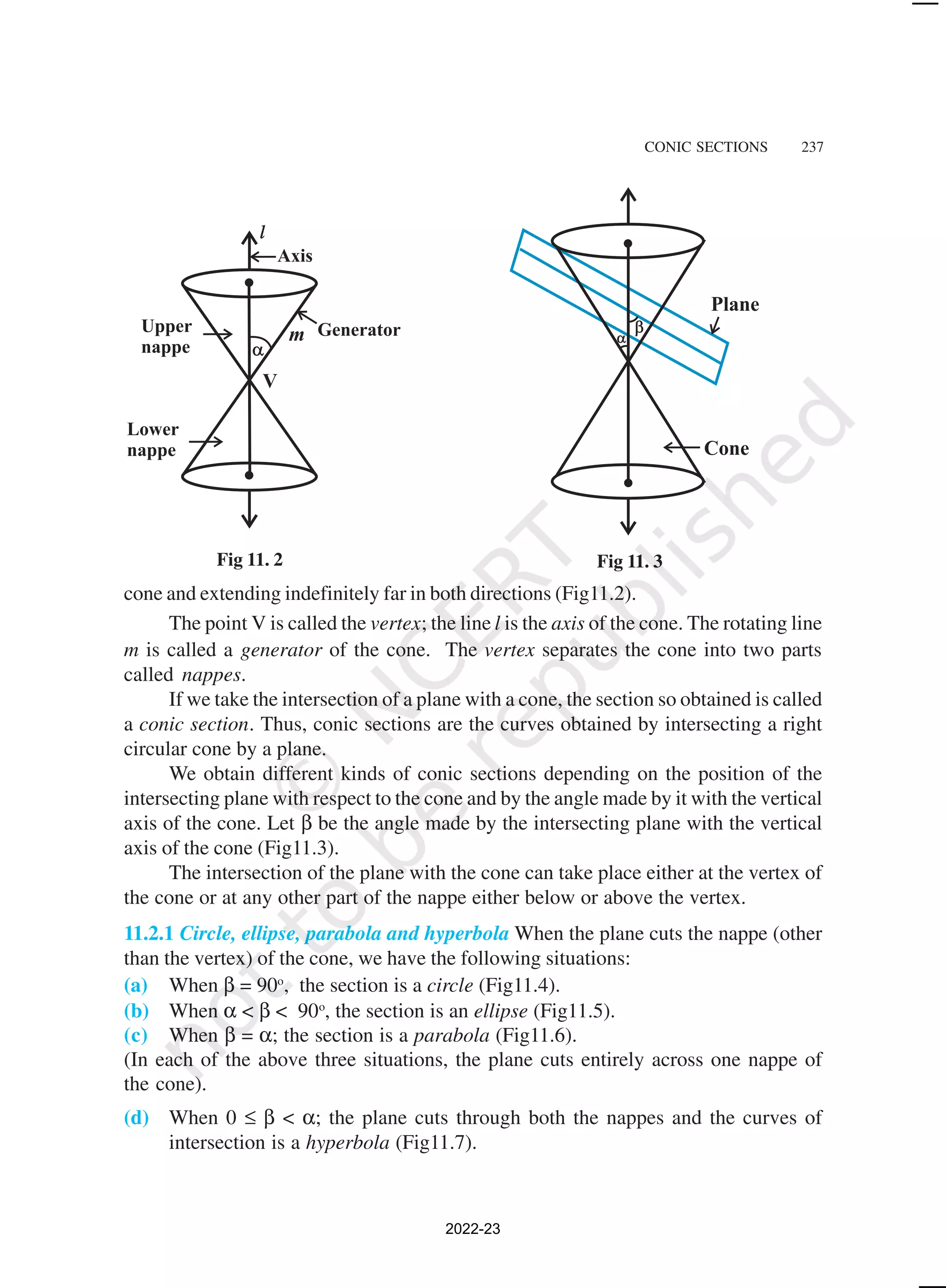 CONIC SECTIONS 237
Fig 11. 2 Fig 11. 3
cone and extending indefinitely far in both directions (Fig11.2).
The point V is called the vertex; the line l is the axis of the cone. The rotating line
m is called a generator of the cone. The vertex separates the cone into two parts
called nappes.
If we take the intersection of a plane with a cone, the section so obtained is called
a conic section. Thus, conic sections are the curves obtained by intersecting a right
circular cone by a plane.
We obtain different kinds of conic sections depending on the position of the
intersecting plane with respect to the cone and by the angle made by it with the vertical
axis of the cone. Let β be the angle made by the intersecting plane with the vertical
axis of the cone (Fig11.3).
The intersection of the plane with the cone can take place either at the vertex of
the cone or at any other part of the nappe either below or above the vertex.
11.2.1 Circle, ellipse, parabola and hyperbola When the plane cuts the nappe (other
than the vertex) of the cone, we have the following situations:
(a) When β = 90o
, the section is a circle (Fig11.4).
(b) When α < β < 90o
, the section is an ellipse (Fig11.5).
(c) When β = α; the section is a parabola (Fig11.6).
(In each of the above three situations, the plane cuts entirely across one nappe of
the cone).
(d) When 0 ≤ β < α; the plane cuts through both the nappes and the curves of
intersection is a hyperbola (Fig11.7).
2022-23
 
