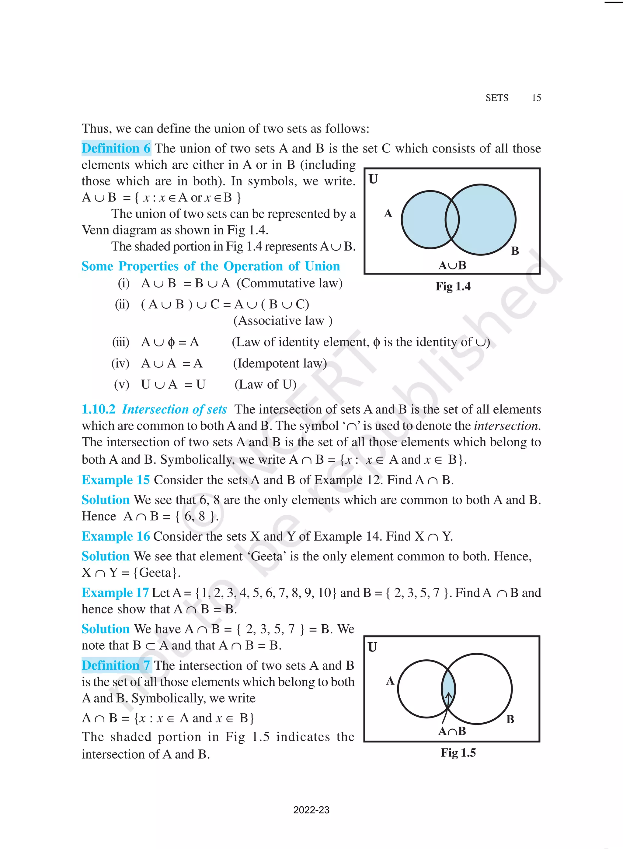 SETS 15
Thus, we can define the union of two sets as follows:
Definition 6 The union of two sets A and B is the set C which consists of all those
elements which are either in A or in B (including
those which are in both). In symbols, we write.
A ∪ B = { x : x ∈A or x ∈B }
The union of two sets can be represented by a
Venn diagram as shown in Fig 1.4.
The shaded portion in Fig 1.4 representsA∪ B.
Some Properties of the Operation of Union
(i) A ∪ B = B ∪ A (Commutative law)
(ii) ( A ∪ B ) ∪ C = A ∪ ( B ∪ C)
(Associative law )
(iii) A ∪ φ = A (Law of identity element, φ is the identity of ∪)
(iv) A ∪ A = A (Idempotent law)
(v) U ∪ A = U (Law of U)
1.10.2 Intersection of sets The intersection of sets A and B is the set of all elements
which are common to bothAand B. The symbol ‘∩’is used to denote the intersection.
The intersection of two sets A and B is the set of all those elements which belong to
both A and B. Symbolically, we write A ∩ B = {x : x ∈ A and x ∈ B}.
Example 15 Consider the sets A and B of Example 12. Find A ∩ B.
Solution We see that 6, 8 are the only elements which are common to both A and B.
Hence A ∩ B = { 6, 8 }.
Example 16 Consider the sets X and Y of Example 14. Find X ∩ Y.
Solution We see that element ‘Geeta’ is the only element common to both. Hence,
X ∩ Y = {Geeta}.
Example 17 Let A = {1, 2, 3, 4, 5, 6, 7, 8, 9, 10} and B = { 2, 3, 5, 7 }. FindA ∩ B and
hence show that A ∩ B = B.
Solution We have A ∩ B = { 2, 3, 5, 7 } = B. We
note that B ⊂ A and that A ∩ B = B.
Definition 7 The intersection of two sets A and B
is the set of all those elements which belong to both
A and B. Symbolically, we write
A ∩ B = {x : x ∈ A and x ∈ B}
The shaded portion in Fig 1.5 indicates the
intersection of A and B.
Fig 1.4
Fig 1.5
2022-23
 