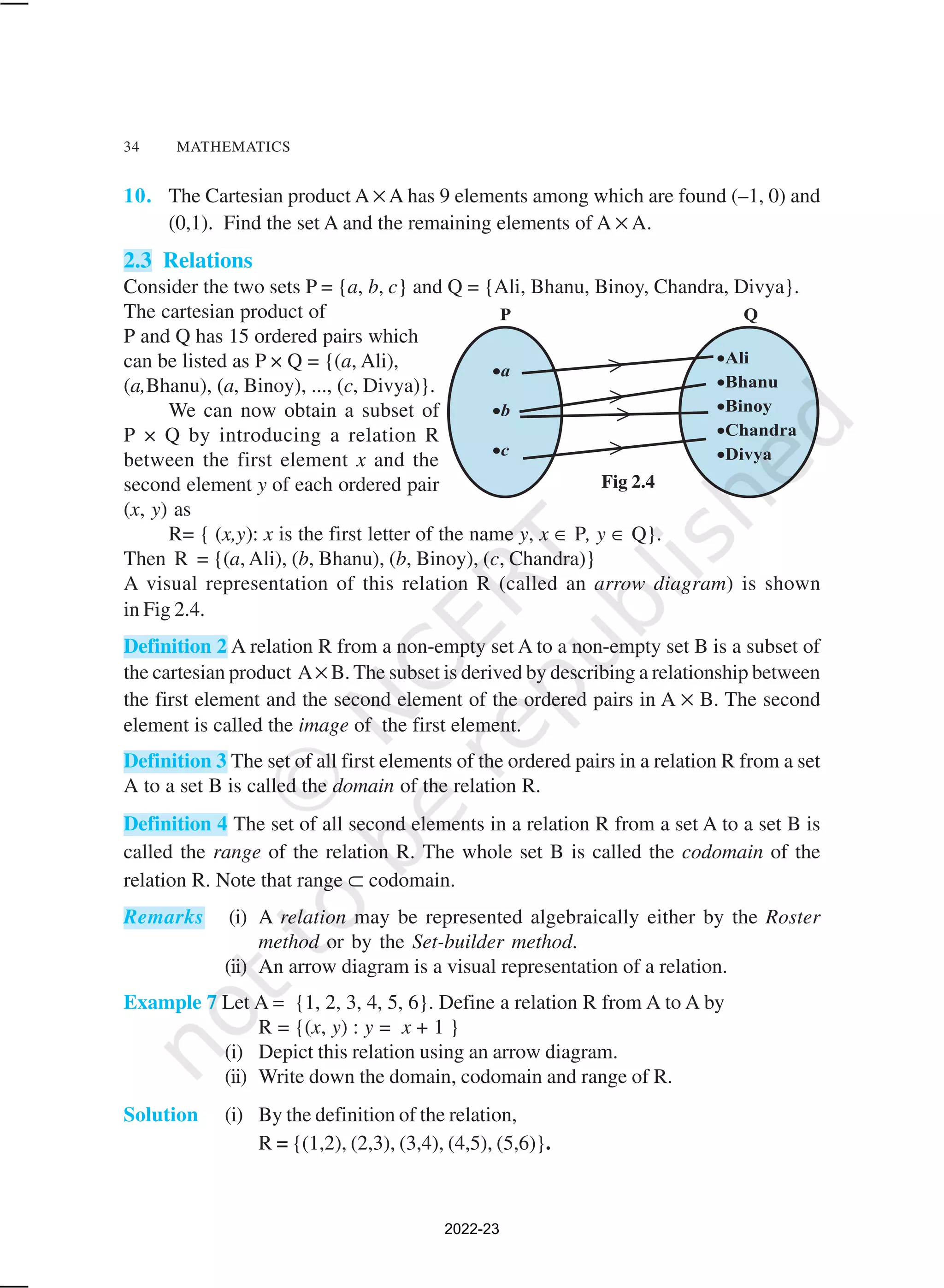 34 MATHEMATICS
10. The Cartesian product A × A has 9 elements among which are found (–1, 0) and
(0,1). Find the set A and the remaining elements of A × A.
2.3 Relations
Consider the two sets P = {a, b, c} and Q = {Ali, Bhanu, Binoy, Chandra, Divya}.
The cartesian product of
P and Q has 15 ordered pairs which
can be listed as P × Q = {(a, Ali),
(a,Bhanu), (a, Binoy), ..., (c, Divya)}.
We can now obtain a subset of
P × Q by introducing a relation R
between the first element x and the
second element y of each ordered pair
(x, y) as
R= { (x,y): x is the first letter of the name y, x ∈ P, y ∈ Q}.
Then R = {(a, Ali), (b, Bhanu), (b, Binoy), (c, Chandra)}
A visual representation of this relation R (called an arrow diagram) is shown
in Fig 2.4.
Definition 2 A relation R from a non-empty set A to a non-empty set B is a subset of
the cartesian product A× B. The subset is derived by describing a relationship between
the first element and the second element of the ordered pairs in A × B. The second
element is called the image of the first element.
Definition 3 The set of all first elements of the ordered pairs in a relation R from a set
A to a set B is called the domain of the relation R.
Definition 4 The set of all second elements in a relation R from a set A to a set B is
called the range of the relation R. The whole set B is called the codomain of the
relation R. Note that range ⊂ codomain.
Remarks (i) A relation may be represented algebraically either by the Roster
method or by the Set-builder method.
(ii) An arrow diagram is a visual representation of a relation.
Example 7 Let A = {1, 2, 3, 4, 5, 6}. Define a relation R from A to A by
R = {(x, y) : y = x + 1 }
(i) Depict this relation using an arrow diagram.
(ii) Write down the domain, codomain and range of R.
Solution (i) By the definition of the relation,
R = {(1,2), (2,3), (3,4), (4,5), (5,6)}.
Fig 2.4
2022-23
 