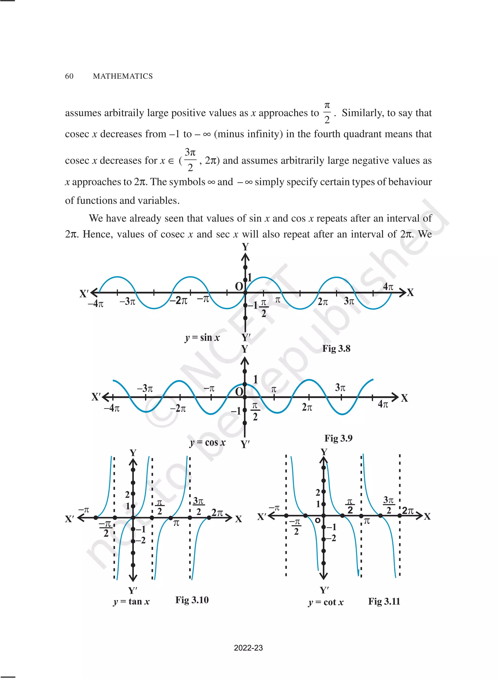 60 MATHEMATICS
Fig 3.10 Fig 3.11
Fig 3.8
Fig 3.9
assumes arbitraily large positive values as x approaches to
π
2
. Similarly, to say that
cosec x decreases from –1 to – ∞ (minus infinity) in the fourth quadrant means that
cosec x decreases for x ∈ (
3π
2
, 2π) and assumes arbitrarily large negative values as
x approaches to 2π. The symbols ∞ and – ∞ simply specify certain types of behaviour
of functions and variables.
We have already seen that values of sin x and cos x repeats after an interval of
2π. Hence, values of cosec x and sec x will also repeat after an interval of 2π. We
2022-23
 