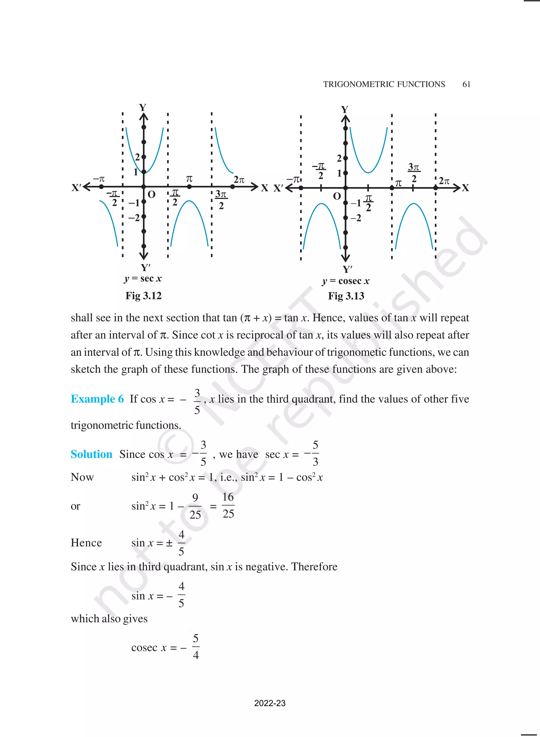 TRIGONOMETRIC FUNCTIONS 61
shall see in the next section that tan (π + x) = tan x. Hence, values of tan x will repeat
after an interval of π. Since cot x is reciprocal of tan x, its values will also repeat after
an interval of π. Using this knowledge and behaviour of trigonometic functions, we can
sketch the graph of these functions. The graph of these functions are given above:
Example 6 If cos x = – 3
5
, x lies in the third quadrant, find the values of other five
trigonometric functions.
Solution Since cos x =
3
5
− , we have sec x =
5
3
−
Now sin2
x + cos2
x = 1, i.e., sin2
x = 1 – cos2
x
or sin2
x = 1 –
9
25
=
16
25
Hence sin x = ±
4
5
Since x lies in third quadrant, sin x is negative. Therefore
sin x = –
4
5
which also gives
cosec x = –
5
4
Fig 3.12 Fig 3.13
2022-23
 