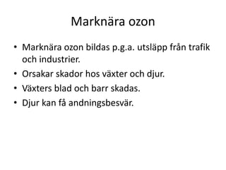 Marknära ozon
• Marknära ozon bildas p.g.a. utsläpp från trafik
och industrier.
• Orsakar skador hos växter och djur.
• Växters blad och barr skadas.
• Djur kan få andningsbesvär.
 
