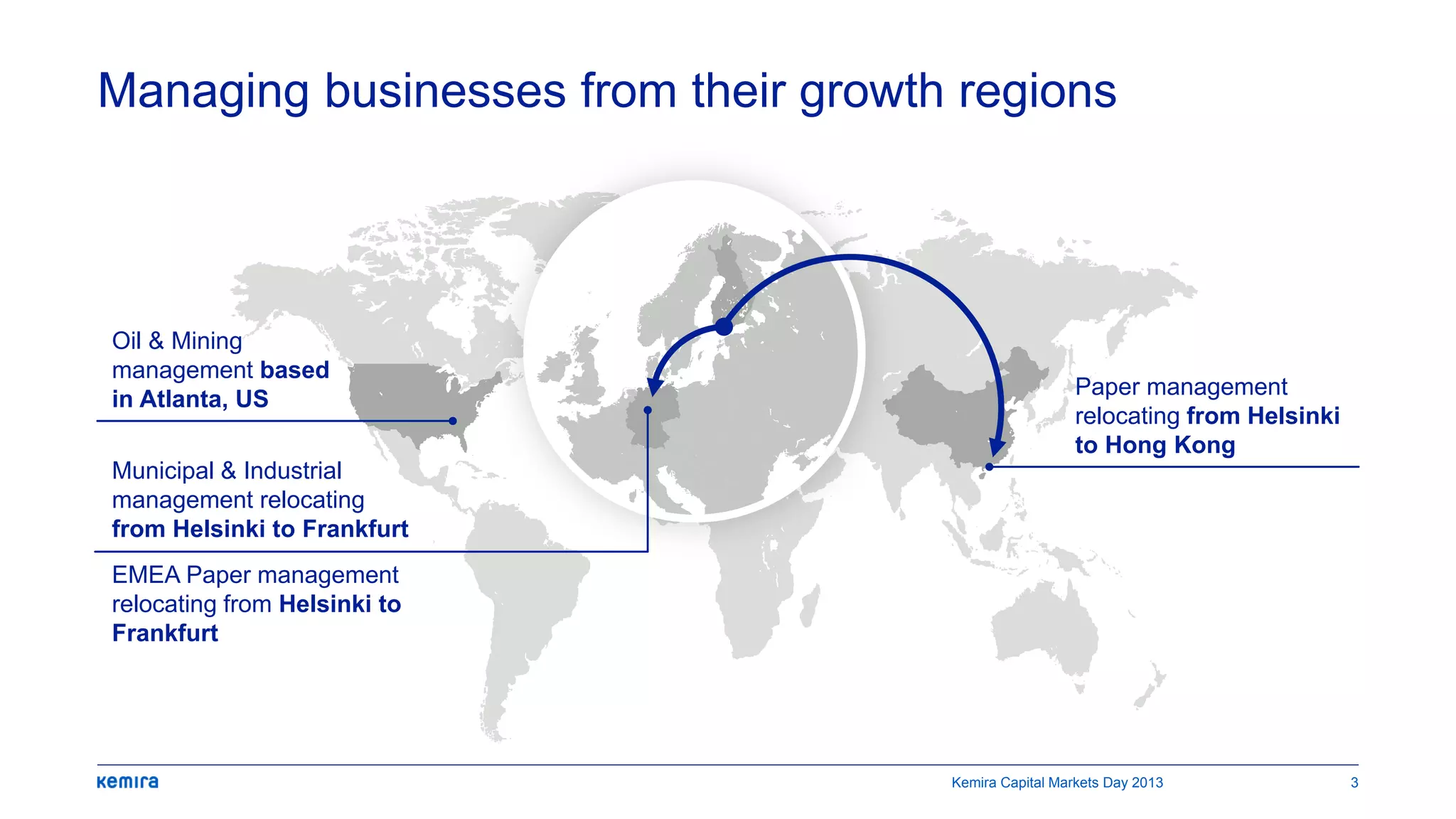 Managing businesses from their growth regions
Oil & Mining
management based
in Atlanta, US
Municipal & Industrial
management relocating
from Helsinki to Frankfurt
Paper management
relocating from Helsinki
to Hong Kong
EMEA Paper management
relocating from Helsinki to
Frankfurt
Kemira Capital Markets Day 2013 3
 