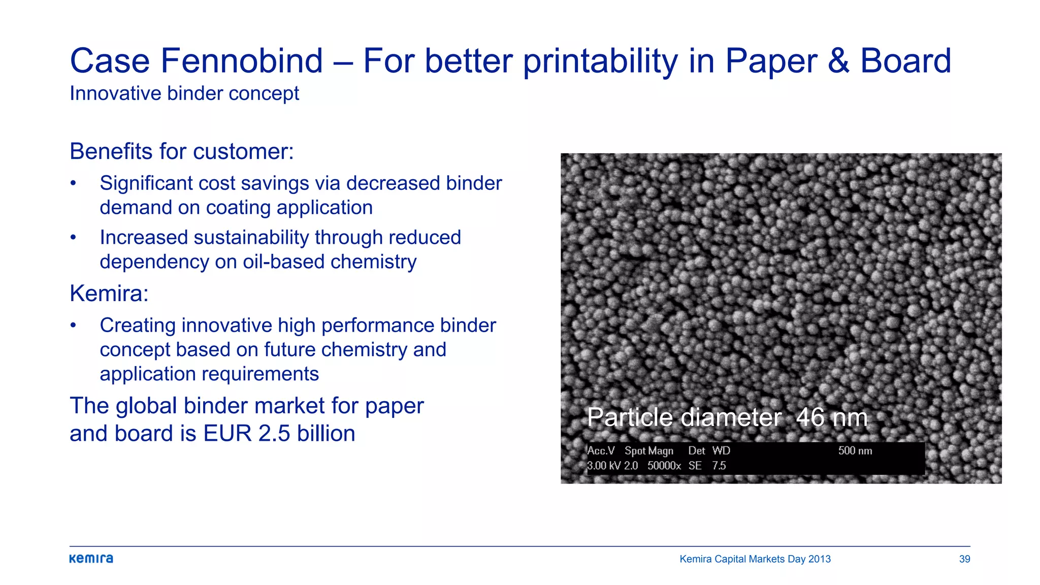 Benefits for customer:
• Significant cost savings via decreased binder
demand on coating application
• Increased sustainability through reduced
dependency on oil-based chemistry
Kemira:
• Creating innovative high performance binder
concept based on future chemistry and
application requirements
The global binder market for paper
and board is EUR 2.5 billion
Case Fennobind – For better printability in Paper & Board
Innovative binder concept
Kemira Capital Markets Day 2013 39
Fennobind
Particle diameter 46 nm
 