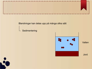 Blandningar kan delas upp på många olika sätt
Sedimentering

Vatten

Jord

 