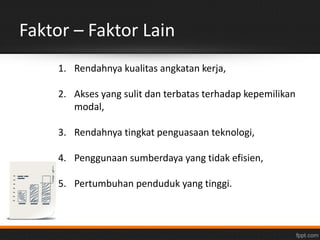 Faktor – Faktor Lain 
1. Rendahnya kualitas angkatan kerja, 
2. Akses yang sulit dan terbatas terhadap kepemilikan 
modal, 
3. Rendahnya tingkat penguasaan teknologi, 
4. Penggunaan sumberdaya yang tidak efisien, 
5. Pertumbuhan penduduk yang tinggi. 
 