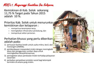 MDG’s.1. Menguranggi Kemiskinan Dan Kelaparan.
Kemiskinan di Kab. Solok sekarang
11,75 % Target pada Tahun 2015
adalah 10 %.

Prioritas Kab. Solok untuk menurunkan
kemiskinan dan kelaparan :
– memperluas kesempatan kerja,
– meningkatkan infrastruktur pendukung, dan
– memperkuat sektor pertanian.

Perhatian khusus yang perlu diberikan
adalah pada:
1) perluasan fasilitas kredit untuk usaha mikro, kecil, dan
menengah (UMKM);
2) pemberdayaan masyarakat miskin dengan meningkatkan
akses dan penggunaan sumber daya untuk
meningkatkan kesejahteraannya;
3) peningkatan akses penduduk miskin terhadap pelayanan
sosial dan
4) perbaikan penyediaan proteksi sosial bagi kelompok
termiskin di antara yang miskin.
1/28/2014

KEMITRAAN UPPKS

15

 