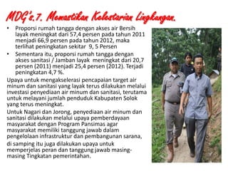 MDG’s.7. Memastikan Kelestarian Lingkungan.
• Proporsi rumah tangga dengan akses air Bersih
layak meningkat dari 57,4 persen pada tahun 2011
menjadi 66,9 persen pada tahun 2012, maka
terlihat peningkatan sekitar 9, 5 Persen
• Sementara itu, proporsi rumah tangga dengan
akses sanitasi / Jamban layak meningkat dari 20,7
persen (2011) menjadi 25,4 persen (2012). Terjadi
peningkatan 4,7 %.
Upaya untuk mengakselerasi pencapaian target air
minum dan sanitasi yang layak terus dilakukan melalui
investasi penyediaan air minum dan sanitasi, terutama
untuk melayani jumlah penduduk Kabupaten Solok
yang terus meningkat.
Untuk Nagari dan Jorong, penyediaan air minum dan
sanitasi dilakukan melalui upaya pemberdayaan
masyarakat dengan Program Pansimas agar
masyarakat memiliki tanggung jawab dalam
pengelolaan infrastruktur dan pembangunan sarana,
di samping itu juga dilakukan upaya untuk
memperjelas peran dan tanggung jawab masingmasing Tingkatan pemerintahan.
1/28/2014

KEMITRAAN UPPKS

21

 