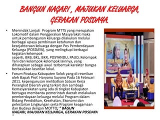 BANGUN NAGARI , MAJUKAN KELUARGA,
GERAKAN POSDAYA.
•

Menindak Lanjuti Program MTTS yang merupakan
Lokomotif dalam Penggerakan Masyarakat maka
untuk pembangunan keluarga dilakukan melalui
berbagai upaya pembinaan ketahanan dan
kesejahteraan keluarga dengan Pos Pemberdayaan
Keluarga (POSDAYA), yang melingkupi berbagai
kegiatan kelompok
seperti, BKB, BKL, BKR, POSYANDU, PAUD, Kelompok
Tani dan kelompok-kelompok lainnya, yang
diharapkan sebagai awal terbentuk karakter bangsa
berbasiskan kearifan lokal.
• Forum Posdaya Kabupaten Solok yang di resmikan
oleh Bapak Prof. Haryono Suyono Pada 16 Februari
2011. kepengurusan melibatkan Satuan Kerja
Perangkat Daerah yang terkait dan Lembaga
Kemasyarakatan yang ada di tingkat Kabupaten
bertugas membantu pemerintah daerah melakukan
pemberdayaan keluarga melalui Program dalam
Bidang Pendidikan, Kesehatan, Ekonomi dan
pelestarian Lingkungan serta Program keagamaan
dan Budaya dengan MOTTO; ” BAGUN
NAGARI, MAJUKAN KELUARGA, GERAKAN POSDAYA
1/28/2014
KEMITRAAN UPPKS
“

24

 