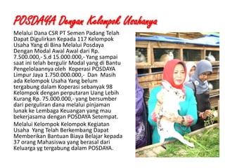POSDAYA Dengan Kelompok Usahanya
Melalui Dana CSR PT Semen Padang Telah
Dapat Digulirkan Kepada 117 Kelompok
Usaha Yang di Bina Melalui Posdaya
Dengan Modal Awal Awal dari Rp.
7.500.000,- S.d 15.000.000,- Yang sampai
saat ini telah bergulir Modal yang di Bantu
Pengelolaannya oleh Koperasi POSDAYA
Limpur Jaya 1.750.000.000,- Dan Masih
ada Kelompok Usaha Yang belum
tergabung dalam Koperasi sebanyak 98
Kelompok dengan perputaran Uang Lebih
Kurang Rp. 75.000.000,- yang bersumber
dari perguliran dana melalui pinjaman
lunak ke Lembaga Keuangan yang mau
bekerjasama dengan POSDAYA Setempat.
Melalui Kelompok Kelompok Kegiatan
Usaha Yang Telah Berkembang Dapat
Memberikan Bantuan Biaya Belajar kepada
37 orang Mahasiswa yang berasal dari
Keluarga yg tergabung dalam POSDAYA.
1/28/2014

KEMITRAAN UPPKS

26

 