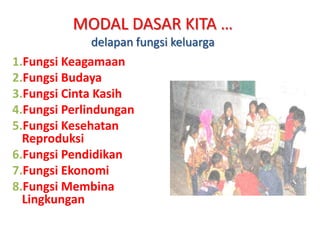 MODAL DASAR KITA …
delapan fungsi keluarga

1.Fungsi Keagamaan
2.Fungsi Budaya
3.Fungsi Cinta Kasih
4.Fungsi Perlindungan
5.Fungsi Kesehatan
Reproduksi
6.Fungsi Pendidikan
7.Fungsi Ekonomi
8.Fungsi Membina
Lingkungan

 