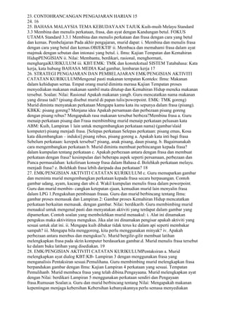 23. CONTOHRANCANGAN PENGAJARAN HARIAN 15
24. 16
25. BAHASA MALAYSIA TEMA KEBUDAYAAN TAJUK Kuih-muih Melayu Standard
3.3 Membina dan menulis perkataan, frasa, dan ayat dengan Kandungan betul. FOKUS
UTAMA Standard 3.3.1 Membina dan menulis perkataan dan frasa dengan cara yang betul
dan kemas. Pembelajaran Pada akhir pengajaran, murid dapat: i. Membina dan menulis frasa
dengan cara yang betul dan kemas.OBJEKTIF ii. Membaca dan memahami frasa dalam ayat
majmuk dengan sebutan dan intonasi yang betul. i. Ilmu: Kajian Tempatan dan Kemahiran
HidupPENGISIAN ii. Nilai: Membantu, berdikari, rasional, menghormati,
menghargaiKURIKULUM iii. KBT/EMK: TMK dan konstekstual SISTEM Tatabahasa: Kata
kerja, kata hubung BAHASA MEDIA Kad gambar, lembaran kerja 17
26. STRATEGI PENGAJARAN DAN PEMBELAJARAN EMK/PENGISIAN AKTIVITI
CATATAN KURIKULUMMengenal pasti makanan tempatan Konteks: Ilmu: Makanan
dalam kehidupan sertaa. Empat orang murid diminta merasa Kajian Tempatan proses
menyediakan makanan makanan sambil mata ditutup dan Kemahiran Hidup meneka makanan
tersebut. Soalan: Nilai: Rasional Apakah makanan yangb. Guru mencatatkan nama makanan
yang dirasa tadi? (pisang disebut murid di papan tulis/powerpoint. EMK: TMK goreng)
Murid diminta menyatakan perkataan Mengapa kamu kata itu sepunya dalam frasa (pisang).
KBKK: pisang goreng? Menjana idea Apakah persamaan dan perbezaan pisang goreng
dengan pisang rebus? Mengapakah rasa makanan tersebut berbeza?Membina frasa a. Guru
menaip perkataan pisang dan Frasa membimbing murid menaip perkataan peluasan kata
ABM: Kuih, Lampiran 1 lain untuk mengembangkan perkataan nama) (gambar/slaid
komputer) pisang menjadi frasa. [Selepas perkataan Selepas perkataan: pisang emas, Kosa
kata dikembangkan – induksi] pisang rebus, pisang goreng a. Apakah kata inti bagi frasa
Sebelum perkataan: kerepek tersebut? pisang, anak pisang, daun pisang. b. Bagaimanakah
cara mengembangkan perkataan b. Murid diminta membuat perbincangan kepada frasa?
dalam kumpulan tentang perkataan c. Apakah perbezaan antara dengan frasa dan membuat
perkataan dengan frasa? kesimpulan dari beberapa aspek seperti persamaan, perbezaan dan
Punca permasalahan: kekeliruan konsep frasa dalam Bahasa d. Bolehkah perkataan melayu.
menjadi frasa? e. Bolehkah frasa lebih daripada dua perkataan? 18
27. EMK/PENGISIAN AKTIVITI CATATAN KURIKULUM c. Guru memaparkan gambar
dan meminta murid mengembangkan perkataan kepada frasa secara berpasangan. Contoh
gambar udang, ayam, kacang dan ubi d. Wakil kumpulan menulis frasa dalam powerpoint.
Guru dan murid membin- cangkan ketepatan ejaan, kemudian murid lain menyalin frasa
dalam LPG 1.Pengukuhan pembinaan frasaa. Guru dan murid berbincang tentang Ilmu:
gambar proses memasak dan Lampiran 2: Gambar proses Kemahiran Hidup mencatatkan
perkataan berkaitan memasak. dengan gambar. Nilai: berdikarib. Guru membimbing murid
menaakul untuk mengenal pasti dan menyatakan aktiviti yang terdapat dalam gambar yang
dipamerkan. Contoh soalan yang membolehkan murid menaakul: i. Alat ini dinamakan
pengukus maka aktivitinya mengukus. Jika alat ini dinamakan pengisar apakah aktiviti yang
sesuai untuk alat ini. ii. Mengapa kuih dibakar tidak terus ke dalam api seperti membakar
sampah? iii. Mengapa bila menggoreng, kita perlu menggunakan minyak? iv. Apakah
perbezaan antara merebus dan mengukus?c. Murid bergilir-gilir membuat latihan
melengkapkan frasa pada skrin komputer berdasarkan gambar.d. Murid menulis frasa tersebut
ke dalam buku latihan yang disediakan. 19
28. EMK/PENGISIAN AKTIVITI CATATAN KURIKULUMPentaksiran a. Murid
melengkapkan ayat dialog KBT:KB- Lampiran 3 dengan menggunakan frasa yang
menganalisis Pentaksiran sesuai.Pemulihana. Guru membimbing murid melengkapkan frasa
berpandukan gambar dengan Ilmu: Kajian Lampiran 4 perkataan yang sesuai. Tempatan
Pemulihanb. Murid membaca frasa yang telah dibina.Pengayaana. Murid melengkapkan ayat
dengan Nilai: berdikari Lampiran 5 menggunakan perkataan sendiri dan Pengayaan
frasa.Rumusan Soalan:a. Guru dan murid berbincang tentang Nilai: Mengapakah makanan
kepentingan menjaga kebersihan Kebersihan kebanyakannya perlu semasa menyediakan
 