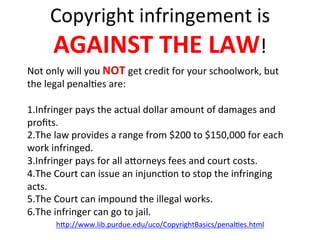 Copyright	
  infringement	
  is	
  
AGAINST	
  THE	
  LAW!	
  
Not	
  only	
  will	
  you	
  NOT	
  get	
  credit	
  for	
  your	
  schoolwork,	
  but	
  
the	
  legal	
  penal2es	
  are:	
  
	
  
1. Infringer	
  pays	
  the	
  actual	
  dollar	
  amount	
  of	
  damages	
  and	
  
proﬁts.	
  
2. The	
  law	
  provides	
  a	
  range	
  from	
  $200	
  to	
  $150,000	
  for	
  each	
  
work	
  infringed.	
  
3. Infringer	
  pays	
  for	
  all	
  a:orneys	
  fees	
  and	
  court	
  costs.	
  
4. The	
  Court	
  can	
  issue	
  an	
  injunc2on	
  to	
  stop	
  the	
  infringing	
  
acts.	
  
5. The	
  Court	
  can	
  impound	
  the	
  illegal	
  works.	
  
6. The	
  infringer	
  can	
  go	
  to	
  jail.	
  
h:p://www.lib.purdue.edu/uco/CopyrightBasics/penal2es.html	
  
	
  
 