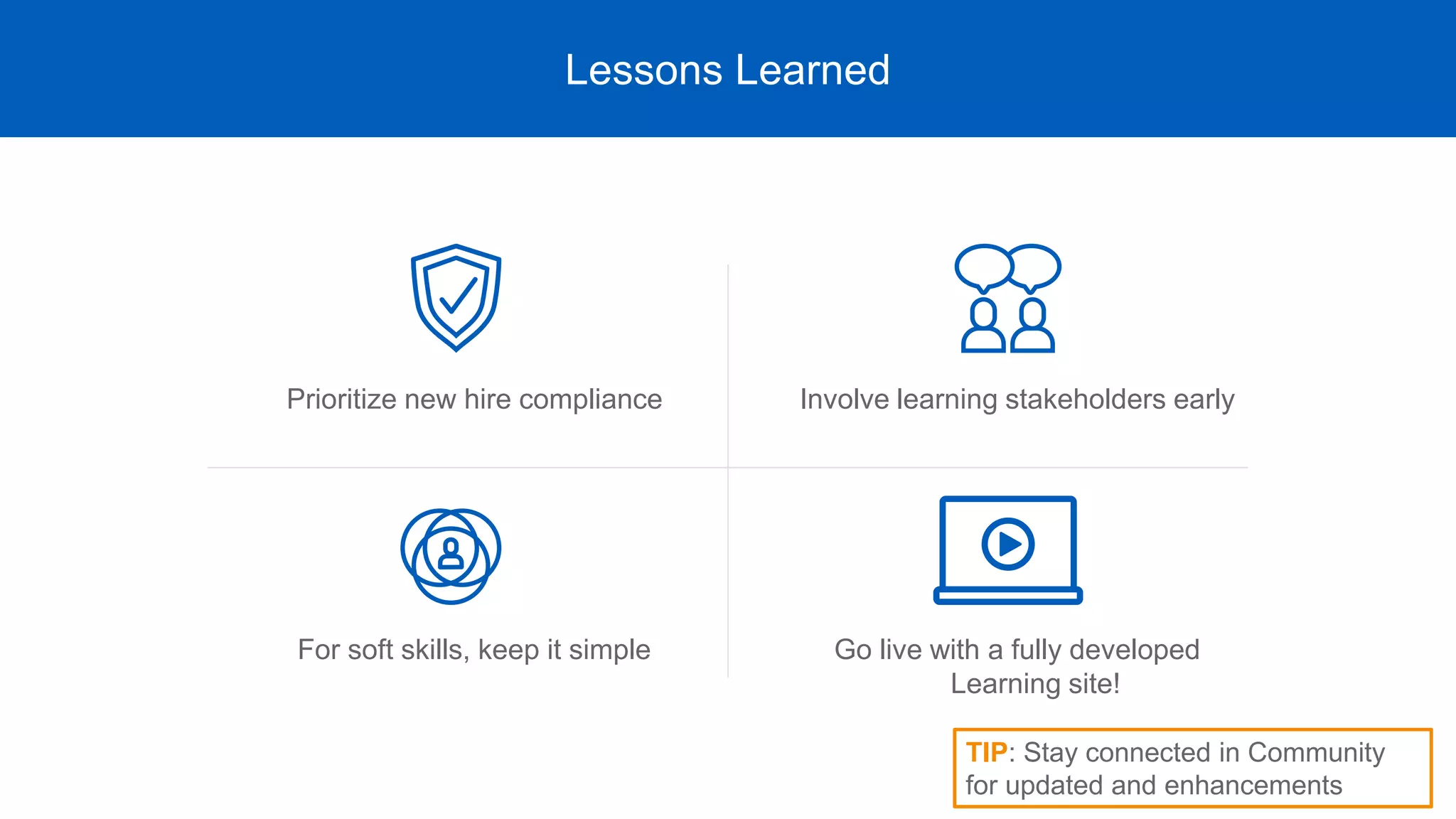 Lessons Learned
Prioritize new hire compliance
For soft skills, keep it simple Go live with a fully developed
Learning site!
Involve learning stakeholders early
TIP: Stay connected in Community
for updated and enhancements
 