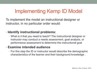 Implementing Kemp ID Model
To implement the model an instructional designer or
instructor, in no particular order would:

...