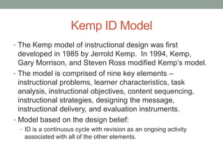 Kemp ID Model
• The Kemp model of instructional design was first
  developed in 1985 by Jerrold Kemp. In 1994, Kemp,
  Gar...