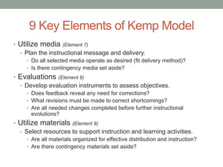9 Key Elements of Kemp Model
• Utilize media (Element 7)
  • Plan the instructional message and delivery.
     • Do all se...
