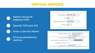 VIRTUAL SERVICE
Define Virtual IP
Address (VIP)
Specify TCP port 443
Enter a Service Name
Choose persistence
options
 
