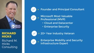 RICHARD
HICKS
Richard M.
Hicks
Consulting
Founder and Principal Consultant
Microsoft Most Valuable
Professional (MVP)
• Cloud and Datacenter
• Enterprise Security
20+ Year Industry Veteran
Enterprise Mobility and Security
Infrastructure Expert
 