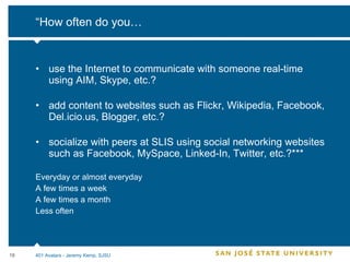 “How often do you… use the Internet to communicate with someone real-time using AIM, Skype, etc.?  add content to websites such as Flickr, Wikipedia, Facebook, Del.icio.us, Blogger, etc.? socialize with peers at SLIS using social networking websites such as Facebook, MySpace, Linked-In, Twitter, etc.?***  Everyday or almost everyday  A few times a week  A few times a month  Less often  401 Avatars - Jeremy Kemp, SJSU 