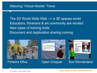 Maturing “Virtual Worlds” Trend The 2D World Wide Web --> a 3D spaces world Educators, librarians & art community are excited New types of training tools Document and Application sharing coming Forterra Olive Open Croquet Sun Wonderland 401 Avatars - Jeremy Kemp, SJSU 