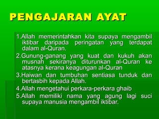PPEENNGGAAJJAARRAANN AAYYAATT 
11..AAllllaahh mmeemmeerriinnttaahhkkaann kkiittaa ssuuppaayyaa mmeennggaammbbiill 
iikkttiibbaarr ddaarriippaaddaa ppeerriinnggaattaann yyaanngg tteerrddaappaatt 
ddaallaamm aall--QQuurraann.. 
22..GGuunnuunngg--ggaannaanngg yyaanngg kkuuaatt ddaann kkuukkuuhh aakkaann 
mmuussnnaahh sseekkiirraannyyaa ddiittuurruunnkkaann aall--QQuurraann kkee 
aattaassnnyyaa kkeerraannaa kkeeaagguunnggaann aall--QQuurraann 
33..HHaaiiwwaann ddaann ttuummbbuuhhaann sseennttiiaassaa ttuunndduukk ddaann 
bbeerrttaassbbiihh kkeeppaaddaa AAllllaahh.. 
44..AAllllaahh mmeennggeettaahhuuii ppeerrkkaarraa--ppeerrkkaarraa gghhaaiibb 
55..AAllllaahh mmeemmiilliikkii nnaammaa yyaanngg aagguunngg llaaggii ssuuccii 
ssuuppaayyaa mmaannuussiiaa mmeennggaammbbiill iikkttiibbaarr.. 
 
