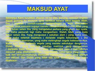 MMAAKKSSUUDD AAYYAATT 
Sekiranya Kami turunkan alquran ini ke atas gunung, nescaya engkau 
dapati gunung itu khusyuk serta berkecai kerana takut kepada Allah. 
Dan ( ingatlah ) contoh-contoh perbandingan ini kami kemukakan 
kepada umat manusia supaya mereka memikirkannya. Dialah Allah yang 
tiada tuhan selain Dia, yang mengetahui perkara yang ghaib dan nyata, 
Dia maha pemurah lagi maha mengasihani. Dialah Allah yang tiada 
tuhan selain Dia. Yang menguasai ( sekalian alam ) yang maha suci, 
yang maha selamat sejahtera ( daripada segala kekurangan ). Dia 
melimpahkan keamanan, yang maha melengkapi segala kebesaran-Nya. 
Maha suci Allah daripada segala yang mereka sekutukan dengannya. 
Dialah Allah yang mencipta sekalian makhluk, yang mengadakan 
( daripada tiada kepada ada ) yang membentuk rupa ( makhluk-Nya 
menurut yang dikehendaki-Nya ) bagi-Nyalah nama-nama yang sebaik-baik 
dan semulia-mulianya. Bertasbih kepada-Nya segala yang dilangit 
dan dibumi. Dan Dialah yang tidak ada tolok bandingnya, lagi maha 
bijaksana. 
 