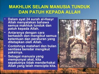 MAKHLUK SELAIN MANUSIA TUNDUK 
DAN PATUH KEPADA ALLAH 
• Dalam ayat 24 surah al-Hasyr 
Allah menyatakan bahawa 
semua makhluk tunduk dan 
patuh kepada Allah. 
• Antaranya dengan cara 
bertasbih dan mengikut semua 
ketentuan dan peraturan yang 
ditetapkan oleh Allah. 
• Contohnya matahari dan bulan 
sentiasa beredar mengikut 
paksinya. 
• Sebagai manusia yang 
mempunyai akal, kita 
sepatutnya tidak menderhakai 
Allah yang telah mencipta kita. 
 