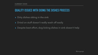 @kmugrage
CURRENT STATE
QUALITY ISSUES WITH DOING THE DISHES PROCESS
▸ Dirty dishes sitting in the sink
▸ Dried on stuff doesn’t really wash off easily
▸ Despite best effort, dog licking dishes in sink doesn’t help
 