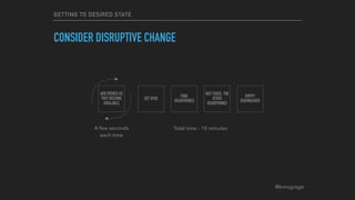 @kmugrage
GETTING TO DESIRED STATE
CONSIDER DISRUPTIVE CHANGE
GET IPOD
FIND
HEADPHONES
NOT THOSE, THE
OTHER
HEADPHONES
EMTPY
DISHWASHER
ADD DISHES AS
THEY BECOME
AVAILABLE
Total time - 10 minutesA few seconds 
each time
 