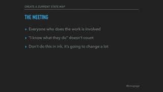 @kmugrage
CREATE A CURRENT STATE MAP
THE MEETING
▸ Everyone who does the work is involved
▸ “I know what they do” doesn’t count
▸ Don’t do this in ink, it’s going to change a lot
 
