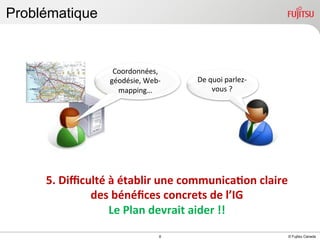 Problématique

Coordonnées,	
  
géodésie,	
  Web-­‐
mapping…	
  	
  

De	
  quoi	
  parlez-­‐
vous	
  ?	
  

5.	
  Diﬃculté	
  à	
  établir	
  une	
  communica$on	
  claire	
  
des	
  bénéﬁces	
  concrets	
  de	
  l’IG	
  
Le	
  Plan	
  devrait	
  aider	
  !!	
  
INTERNAL USE ONLY

8

© Fujitsu Canada

 