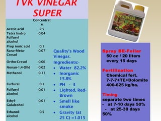 TVK VINEGAR
       SUPER
 Compound            % of          Example
                  Concentrat
                      e
Acetic acid           2.5
Tetra hydro          0.04
Fulfuryl
alcohol
Prop ionic acid       0.1
Rara+Meta-           0.07      Quality’s Wood    Spray BE-Foliar
Cresol
                               Vinegar.           50 cc / 20 liters
Ortho-Cresol         0.06      Ingredients:-      every 15 days
Nonan-1.4-Olld       0.02      • Water 82.2%
                                                 Fertilization
Methanol             0.11      • Inorganic        Chemical fert.
                                  15.8%           7-7-7+TE+Dolomite
Furfural             0.1       • PH - 3           400-625 kg/ha.
Fulfuryl             0.01      • Lighted, Red-
alcohol
                                  Brown          Timing
Ethyl-               0.01      • Smell like      separate two times
Gulalcohol                                       - at 7-10 days 50%
                                  smoke
                                                  - at 25-30 days
Ethanol-             0.5       • Gravity (at     50%
alcohol
                                  25 C) =1.015
 