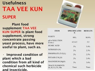 Usefulness
TAA VEE KUN
SUPER
      Plant food
supplement TAA VEE
                                   ITEM           SPECIFICATIO   RESULTS
KUN SUPER is plant food                                 N
supplement, strong           PURITY
                                                      98%         98.9%
concentrate passing          pH of SOLUTION
                                                     4.5-6.5       5.5
yeast process, have more     (Conc.)
                             HUMIC ACID
useful to plant, such as.                              5%         5.4%
                             NITROGEN (N)
                                                       2%         2.3%
                             PHOSPHATE (T-P2O5)
• Improved condition of                                2%         2.5%
                             POTASH (T-K2O)
plant which a bad                                      2%         2.4%

condition from all kind of   MAGNESIUM (MgO)
                                                       3%         3.6%

chemical such herbicide      TRACE ELEMENTS
                             Zn, B, Cu, Fe, Mn        Trace       Trace
and Insecticide.
 