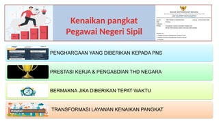 PENGHARGAAN YANG DIBERIKAN KEPADA PNS
PRESTASI KERJA & PENGABDIAN THD NEGARA
BERMAKNA JIKA DIBERIKAN TEPAT WAKTU
TRANSFORMASI LAYANAN KENAIKAN PANGKAT
Kenaikan pangkat
Pegawai Negeri Sipil
 